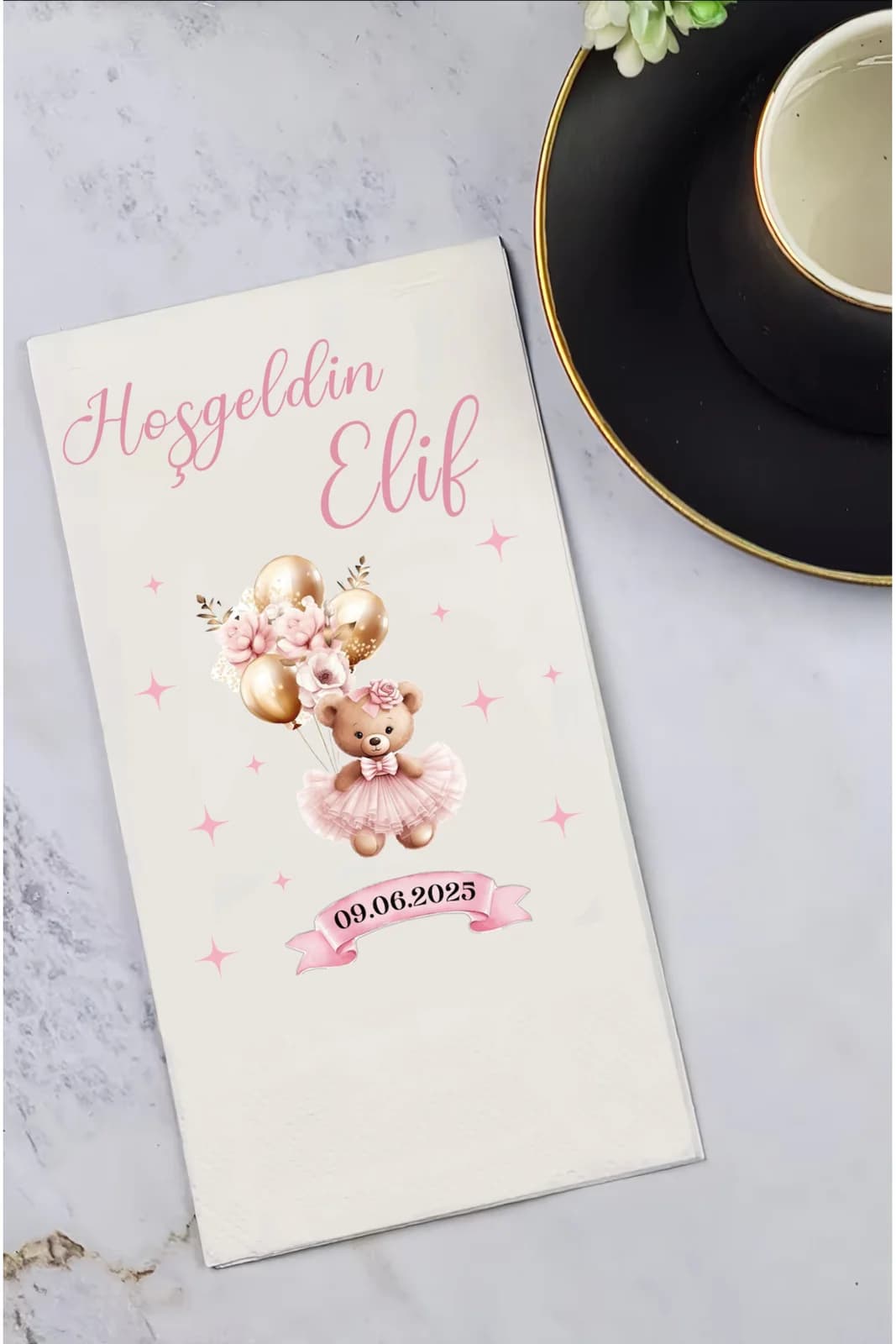 Hoş geldin Bebek Pembe Balonlu Ayıcık İsme Özel Baskılı Peçete 15'li - 33x33cm