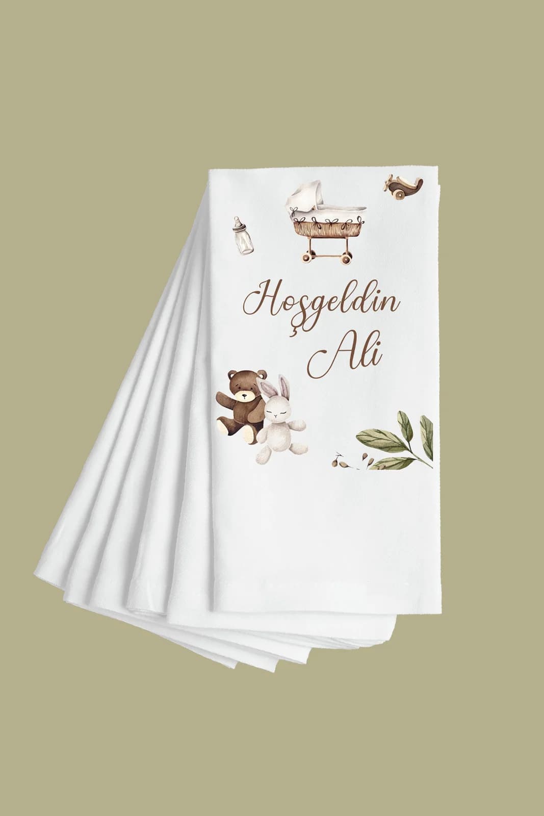 Hoş geldin Bebek Kahverengi Ayı ve Tavşanlı İsme Özel Baskılı Peçete 15'li - 33x33cm