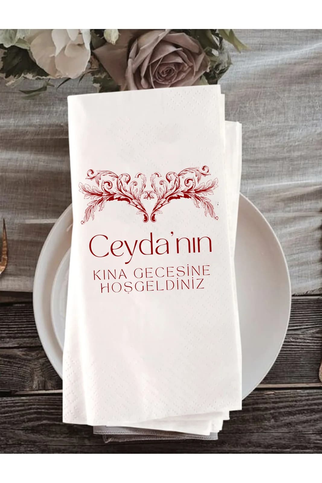 Kına Gecesi Bordo Barok Motifli İsme ve Tarihe Özel Baskılı Peçete – 15’li